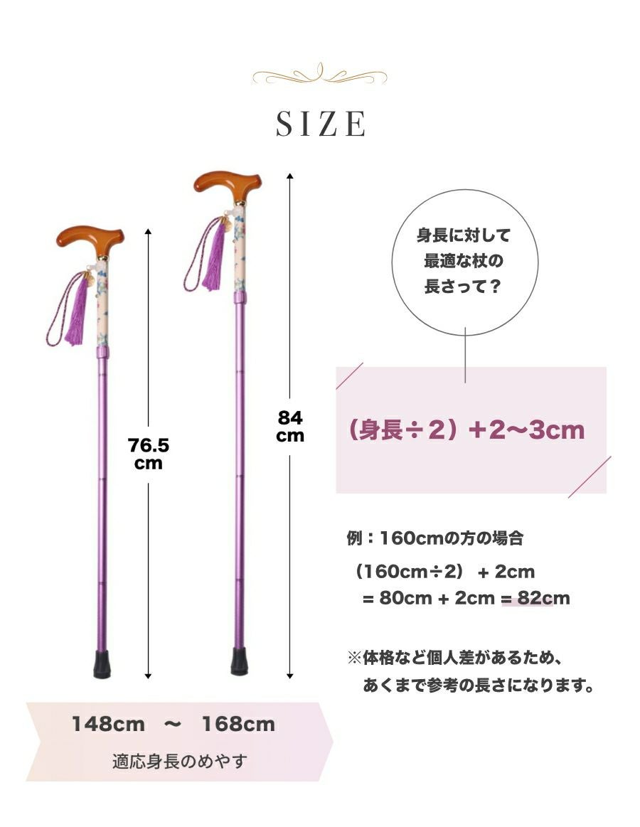 折りたたみ杖 -BONBON STICK- /蝶薔薇・リボン柄　サイズ