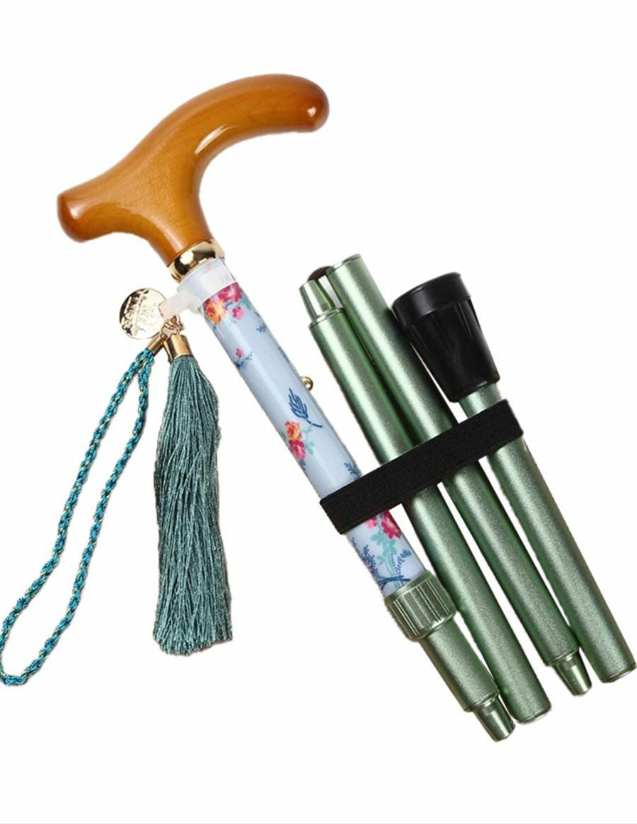 折りたたみ杖 -BONBON STICK- /蝶薔薇・リボン柄　ドロップグリーン