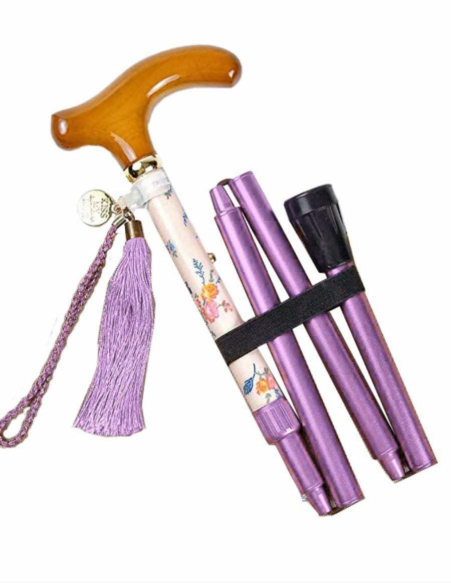 折りたたみ杖 -BONBON STICK- /蝶薔薇・リボン柄　ジョリーパープル