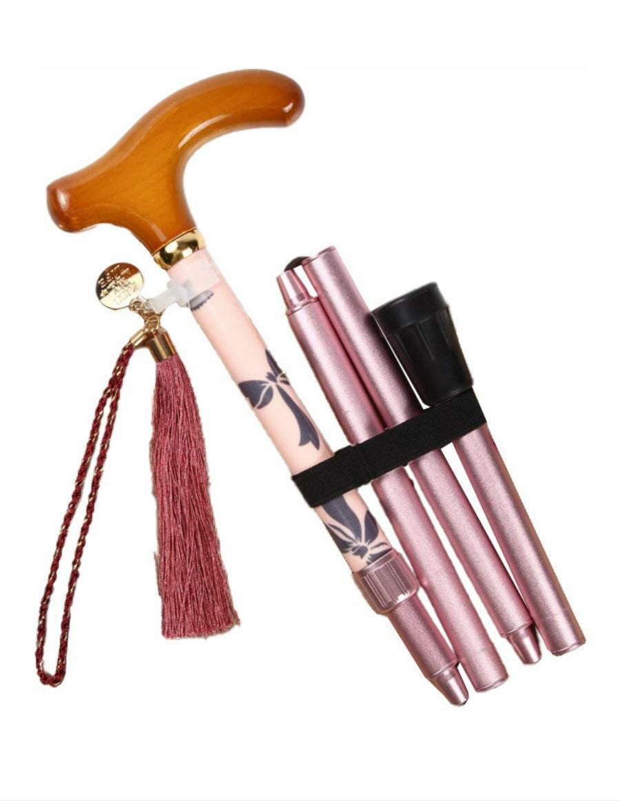 折りたたみ杖 -BONBON STICK- /蝶薔薇・リボン柄　シャンパンローズ