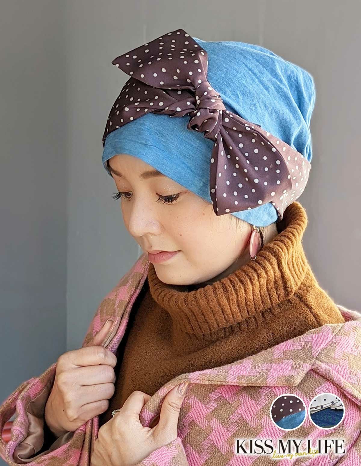 医療用帽子　オードリー　デニムドット