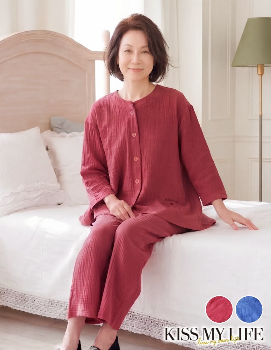 Wガーゼ レディース 前開きパジャマ 介護用パジャマ