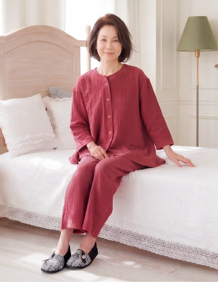 Wガーゼ レディース 前開きパジャマ 介護用パジャマ