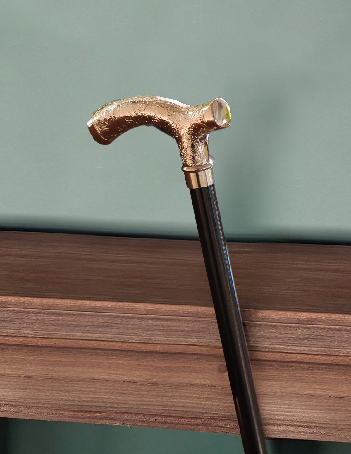 メンズ　おしゃれ杖 木製杖 オーダーハンドメイド クラシック シルバー 唐草模様彫り