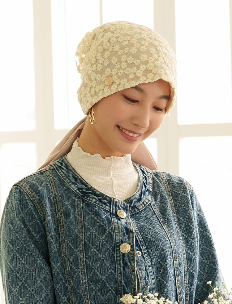 医療用帽子(ケア帽子) -Audrey LUXE- スカーフタイプ/刺繍レース