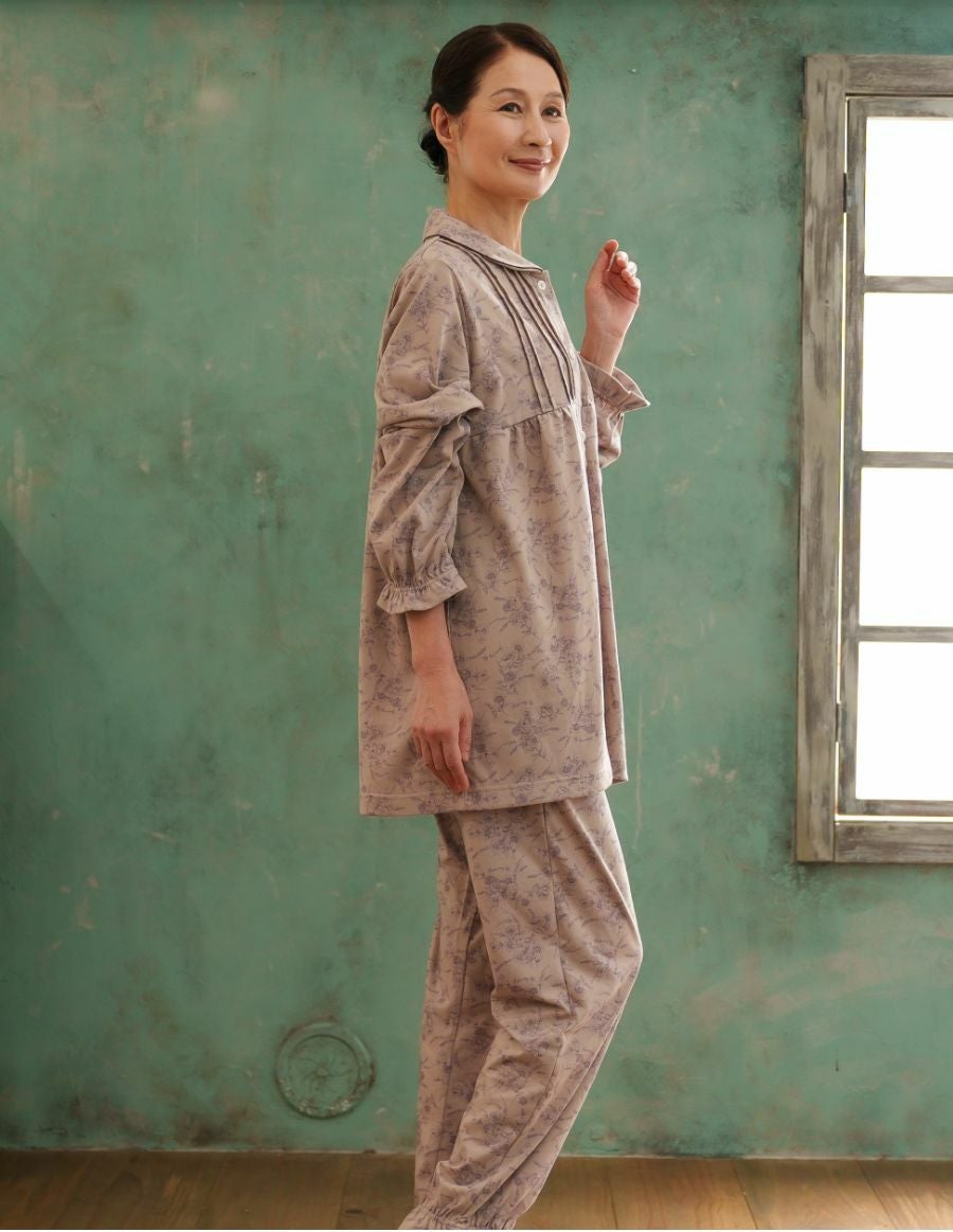 レディースパジャマ 小花柄 前開きタイプ 介護用　綿100%