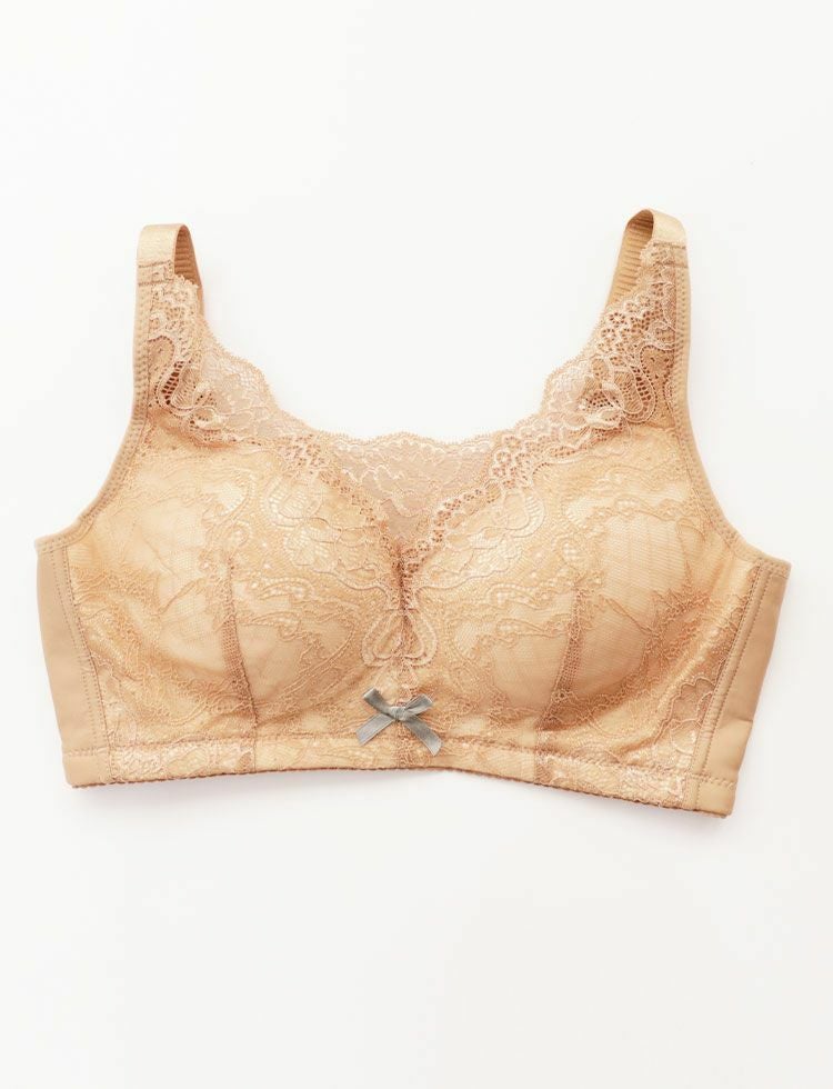 乳がんブラ　後ろホック調整 アンティークレース＆草の種パッドセット　キャメル