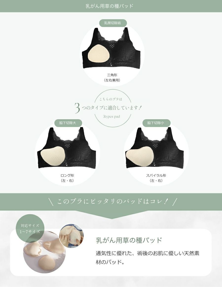 乳がんブラ　後ろホック調整 メッシュレース （パッド対応）　草の種パッド