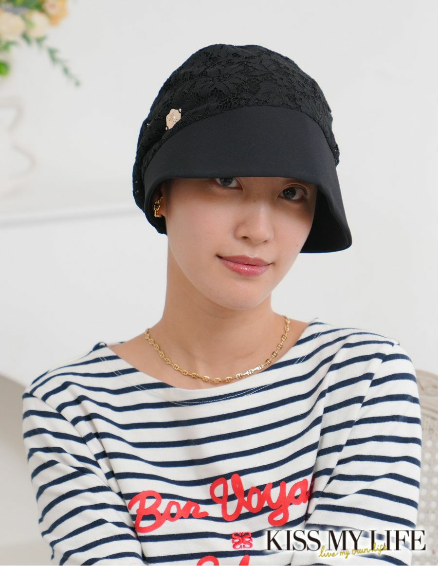 【25SS新作】医療用帽子(ケア帽子) -Jean- つば付きタイプ/Noir Fleur 花レース