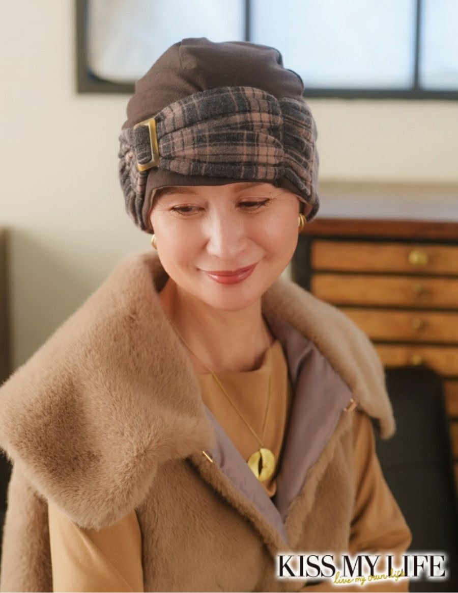 医療用帽子(ケア帽子) -Jean- ニットタイプ /バックル付き tedyチェック柄