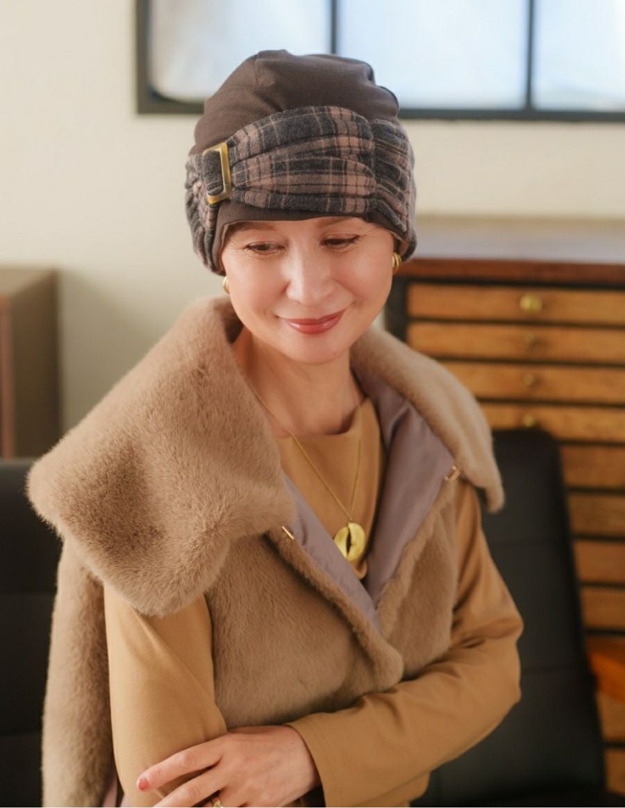 医療用帽子(ケア帽子) -Jean- ニットタイプ /バックル付き tedyチェック柄