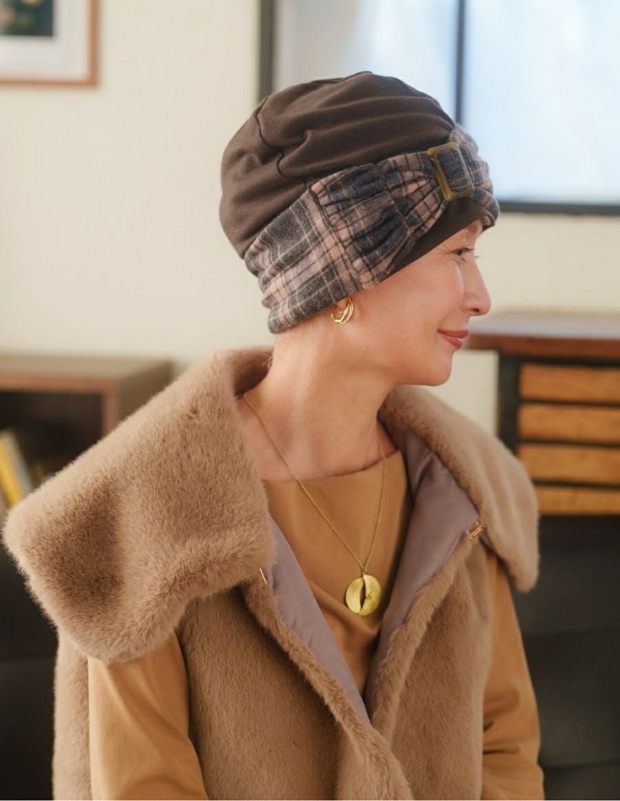 医療用帽子(ケア帽子) -Jean- ニットタイプ /バックル付き tedyチェック柄