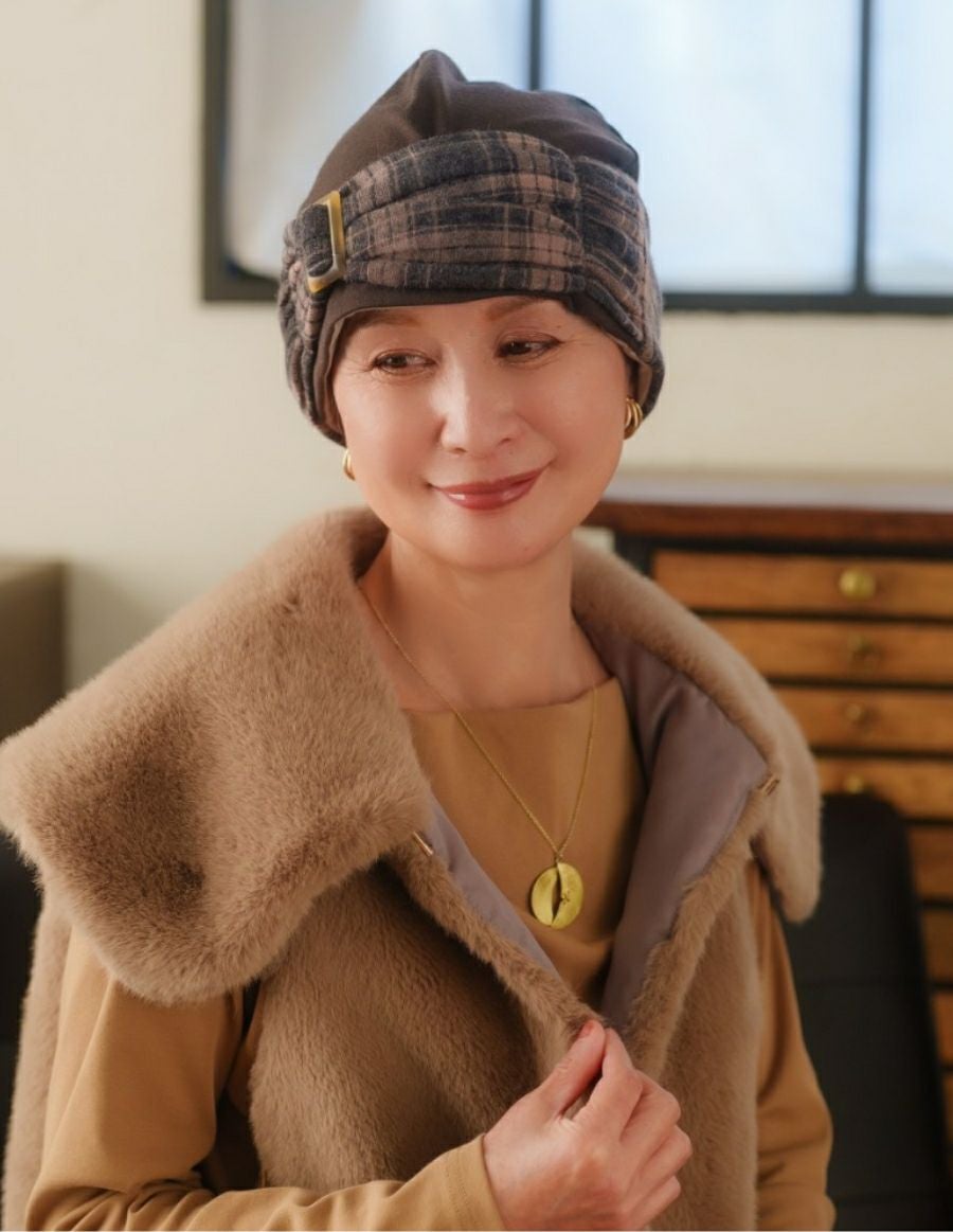 医療用帽子(ケア帽子) -Jean- ニットタイプ /バックル付き tedyチェック柄